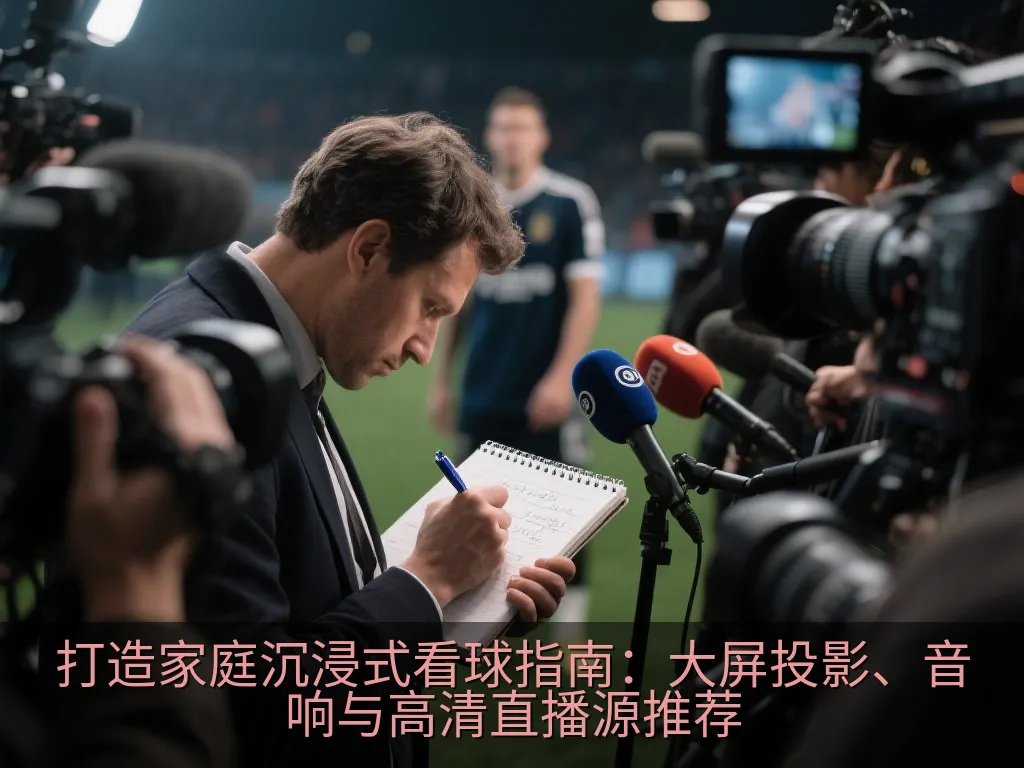 智能大屏电视的高清体育赛事直播画面，画质细腻无拖影，下方摆放着高品质Soundbar音响